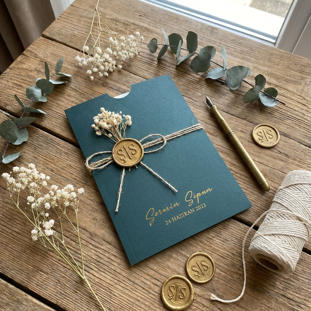 Hochzeitseinladung "Grün Royale" mit Kordel, Wachssiegel und Trockenblume