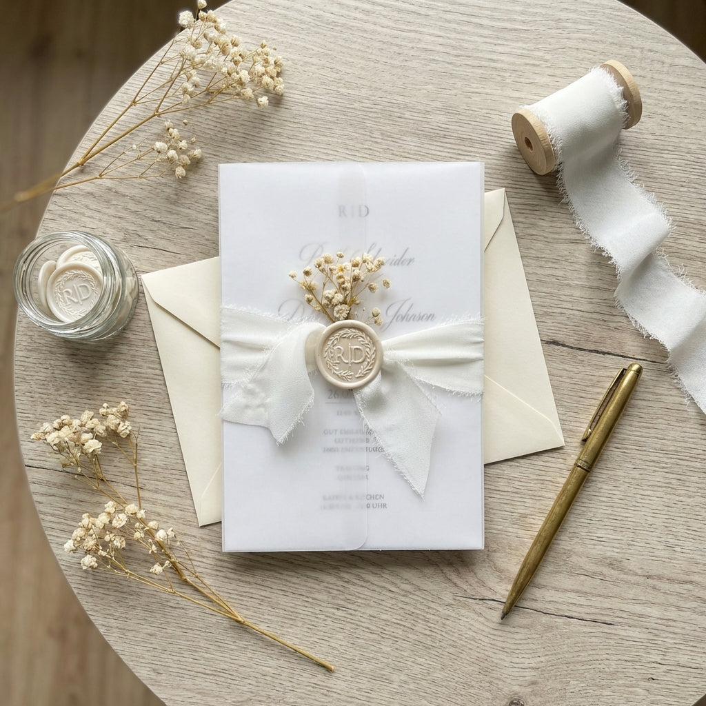 Hochzeitseinladung "Elegance" mit Schleife, Wachssiegel und Trockenblume