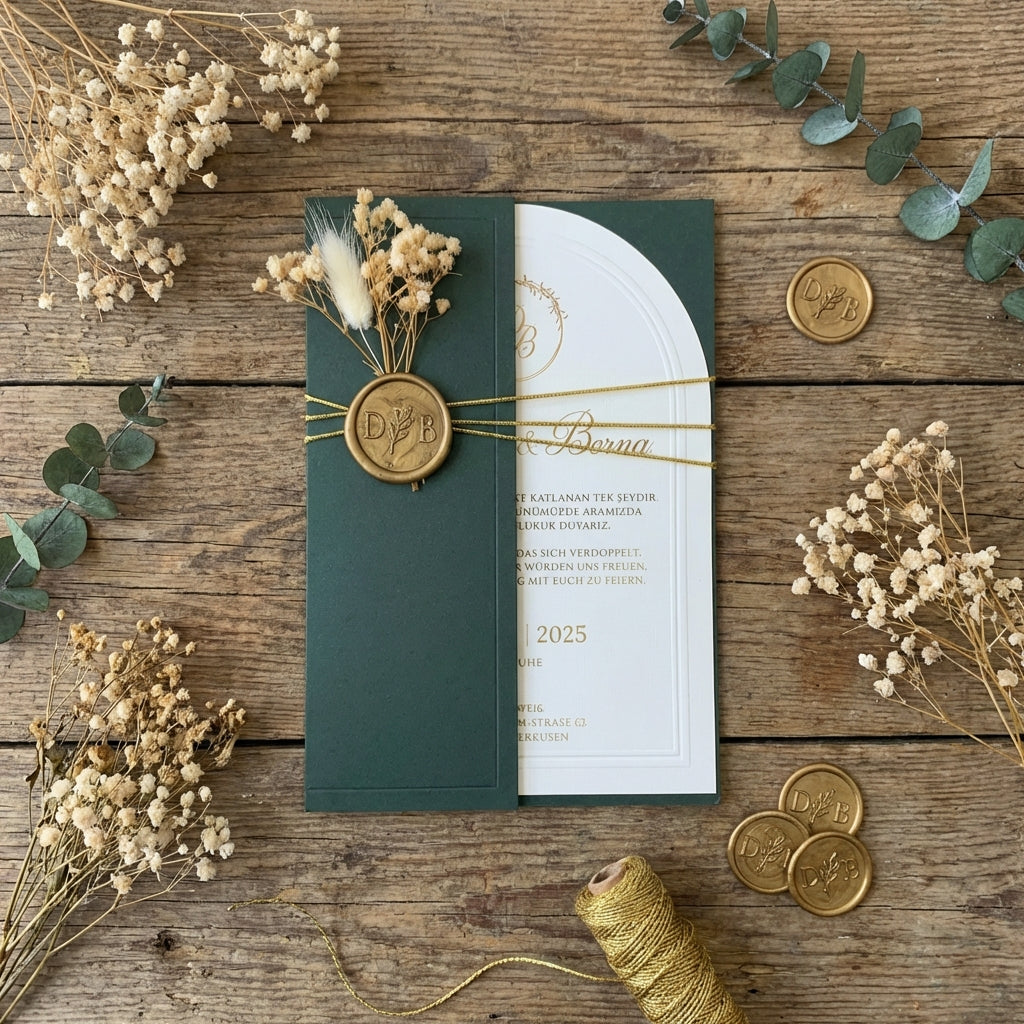 Hochzeitseinladung Dunkelgrün mit Schleife und Trockenblume