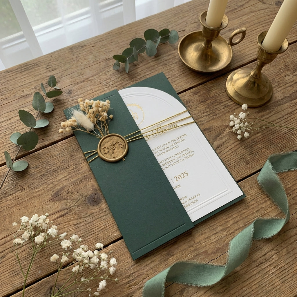 Hochzeitseinladung Dunkelgrün mit Schleife und Trockenblume