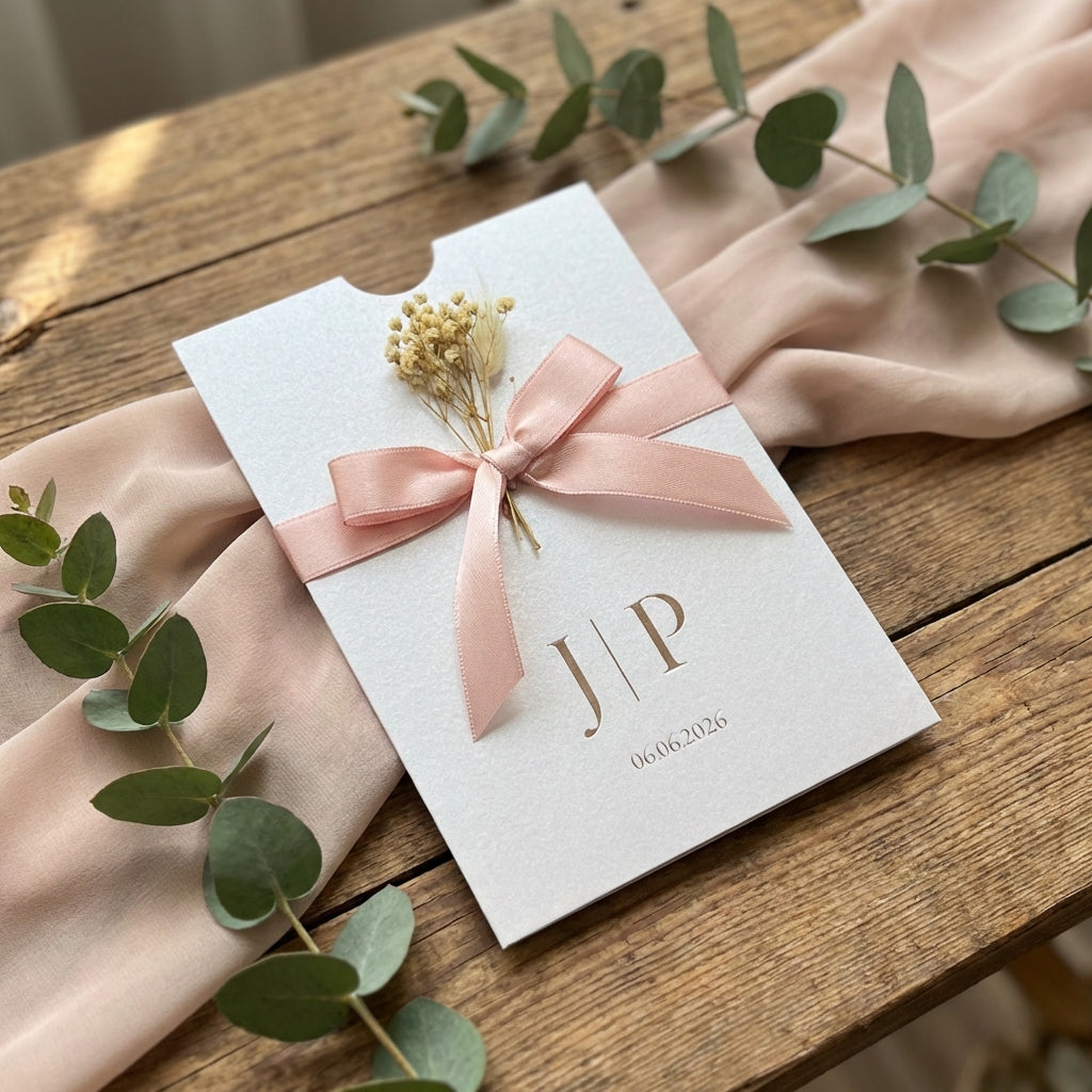 Hochzeitseinladung "Metallic Pearl" mit Prägung, Schleife & Trockenblume