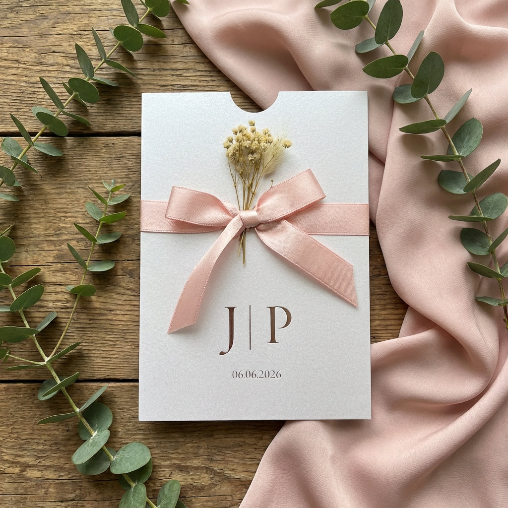 Hochzeitseinladung "Metallic Pearl" mit Prägung, Schleife & Trockenblume