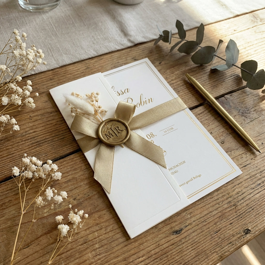Hochzeitseinladung "Golden Script" mit Schleife, Wachssiegel und Trockenblume