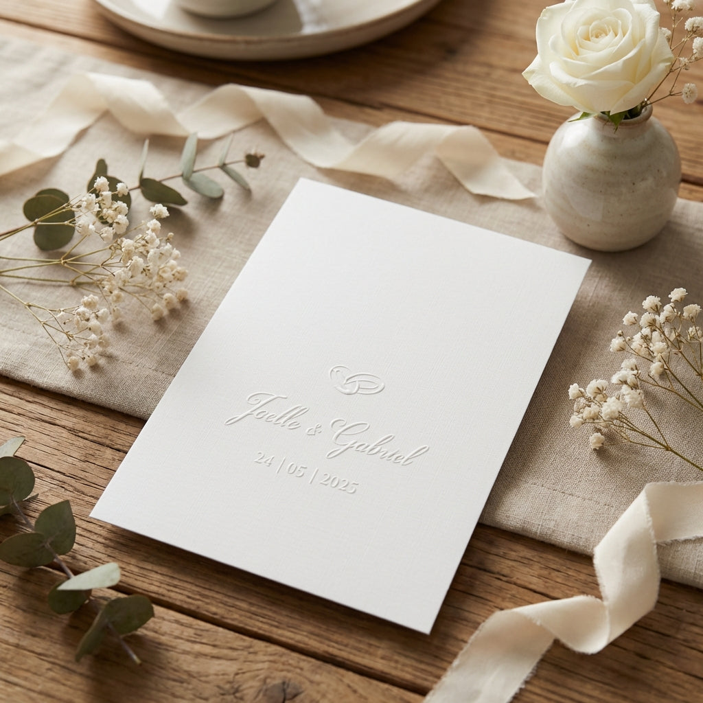 Hochzeitseinladung "Our Names" mit Blindprägung