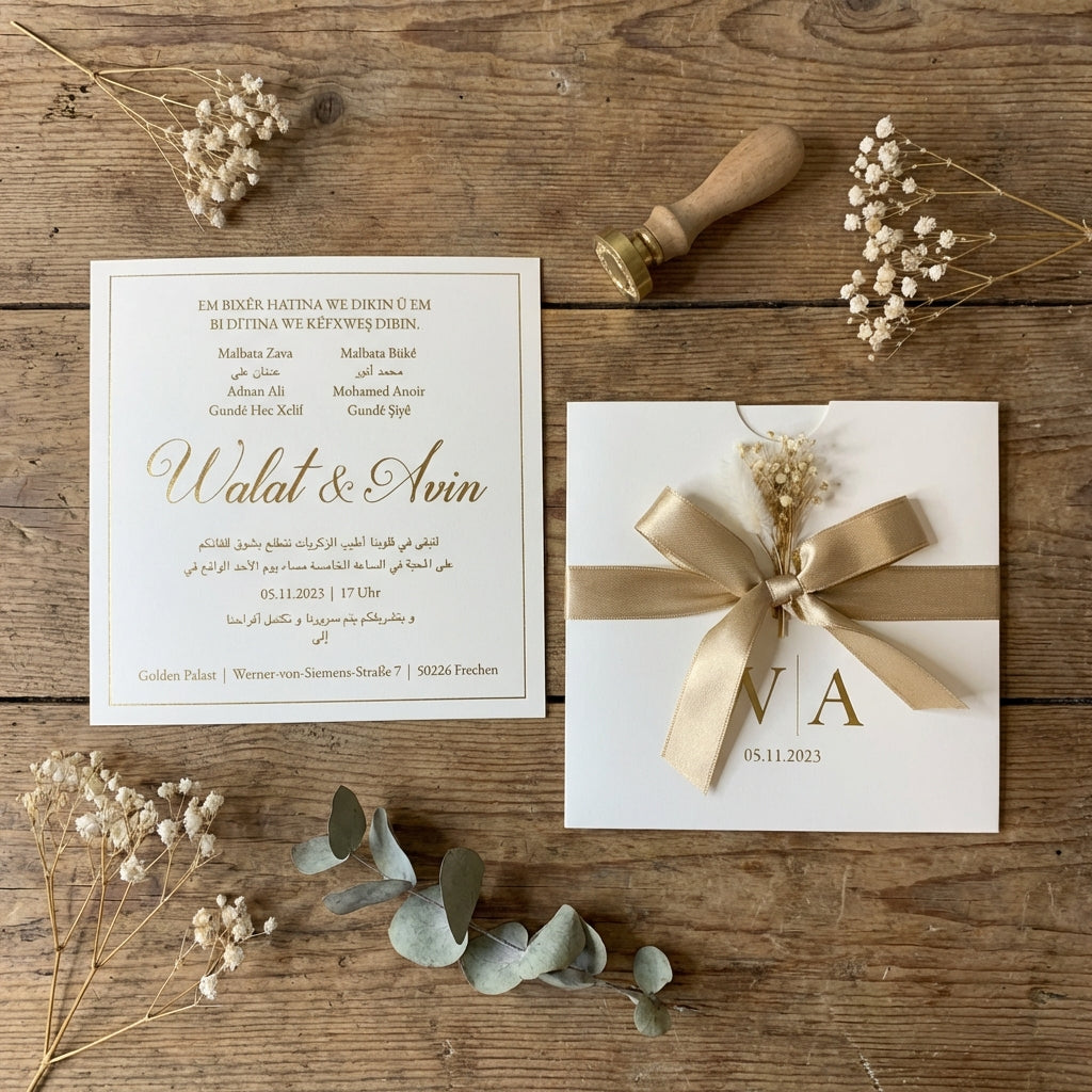 Hochzeitseinladung "Champagne Beige" mit Prägung und Satin-Schleife