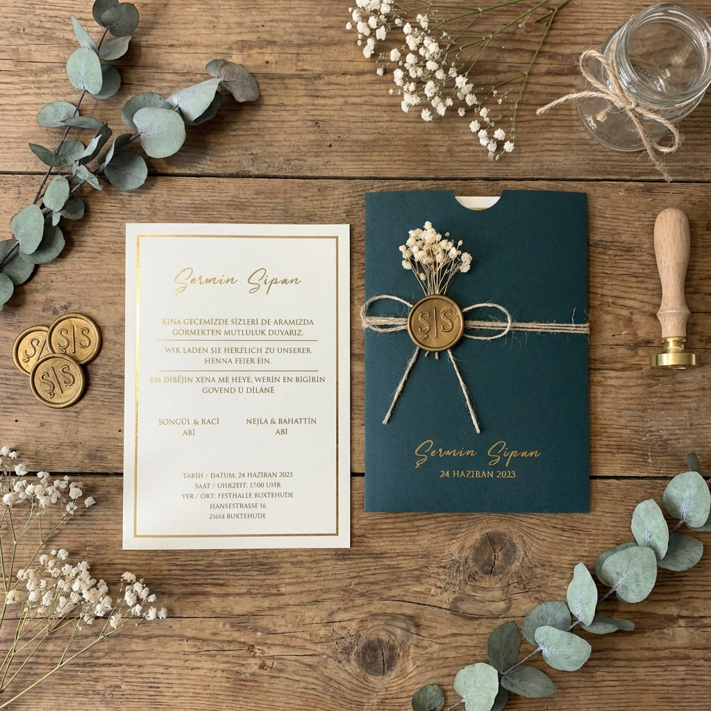 Hochzeitseinladung "Grün Royale" mit Kordel, Wachssiegel und Trockenblume