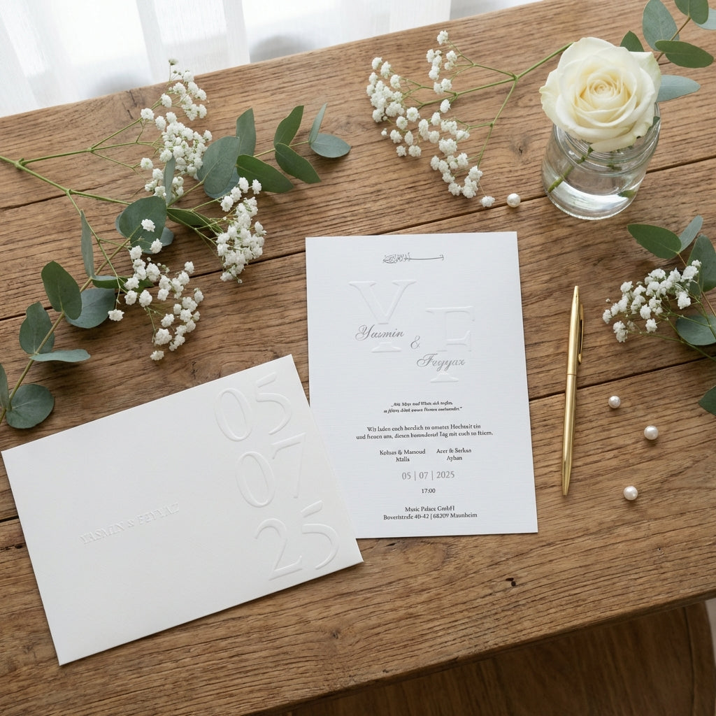 Hochzeitseinladung "Silber Royale" mit Blind- und Silberprägung