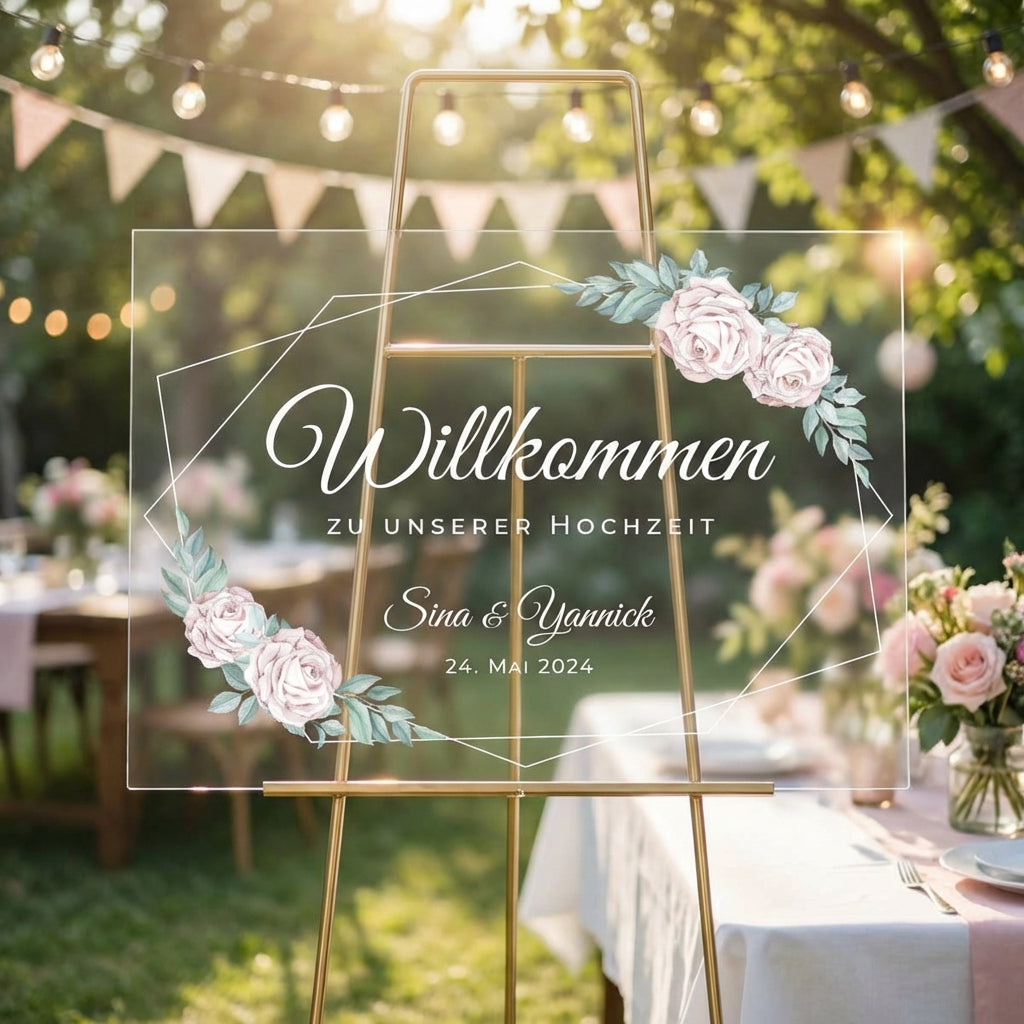 Empfangstafel A1 aus Acrylglas "Pink Roses" | Individuelles Willkommensschild
