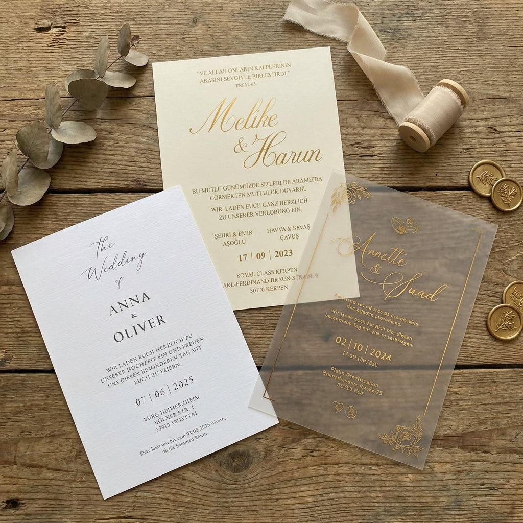 Hochzeitseinladung "Metallic Pearl" mit Prägung, Schleife & Trockenblume