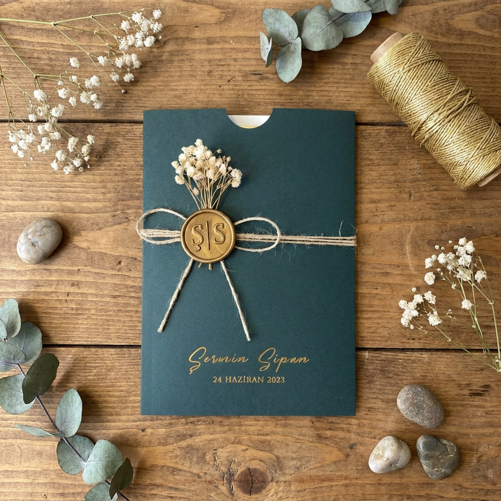 Hochzeitseinladung "Grün Royale" mit Kordel, Wachssiegel und Trockenblume