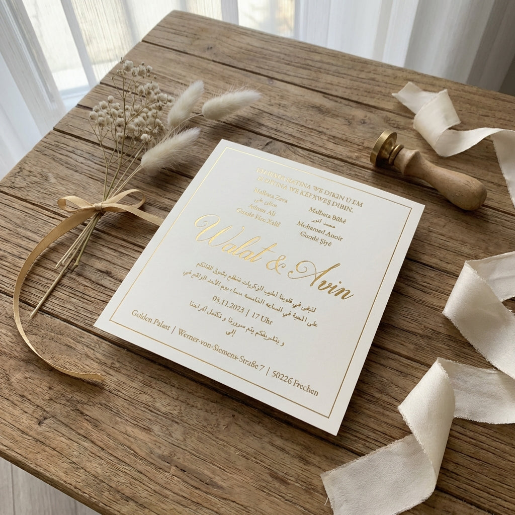 Hochzeitseinladung "Champagne Beige" mit Prägung und Satin-Schleife