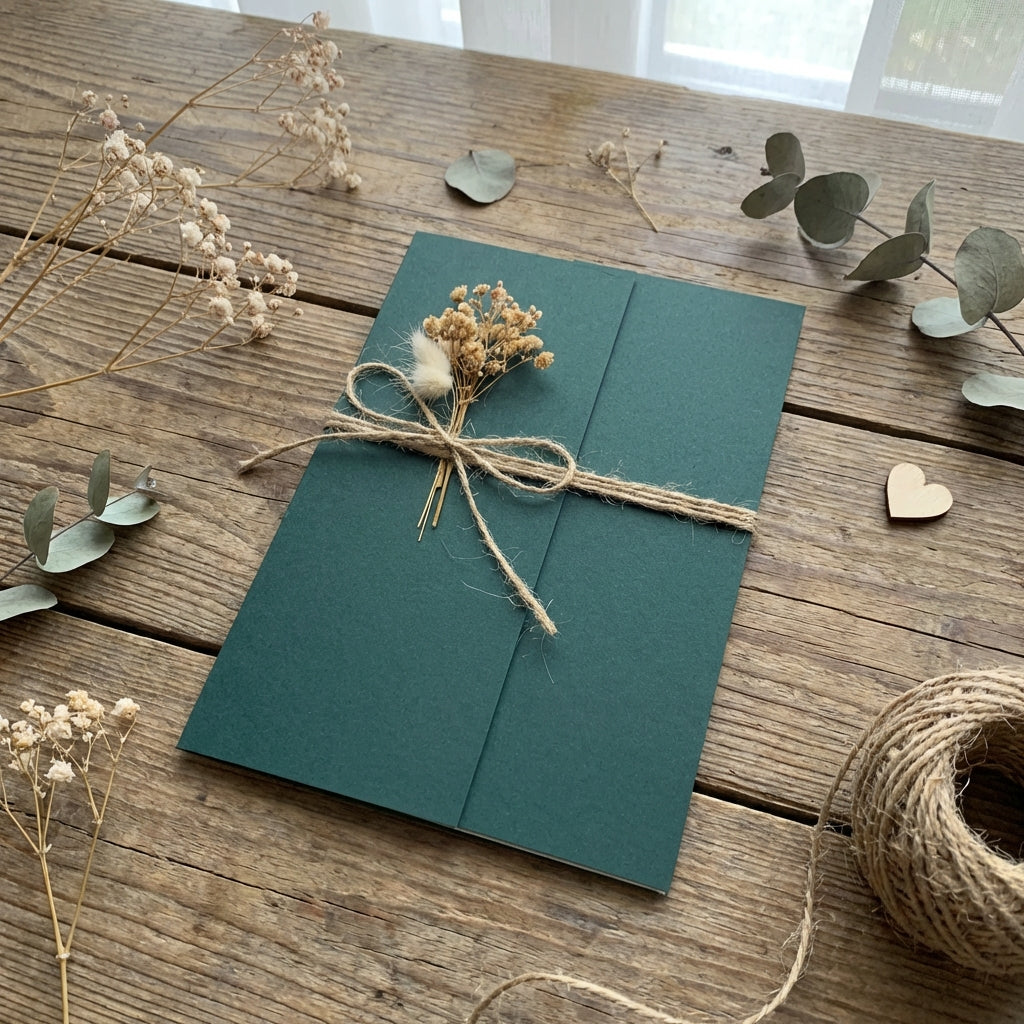 Hochzeitseinladung "Worldly" mit Kordel und Trockenblume