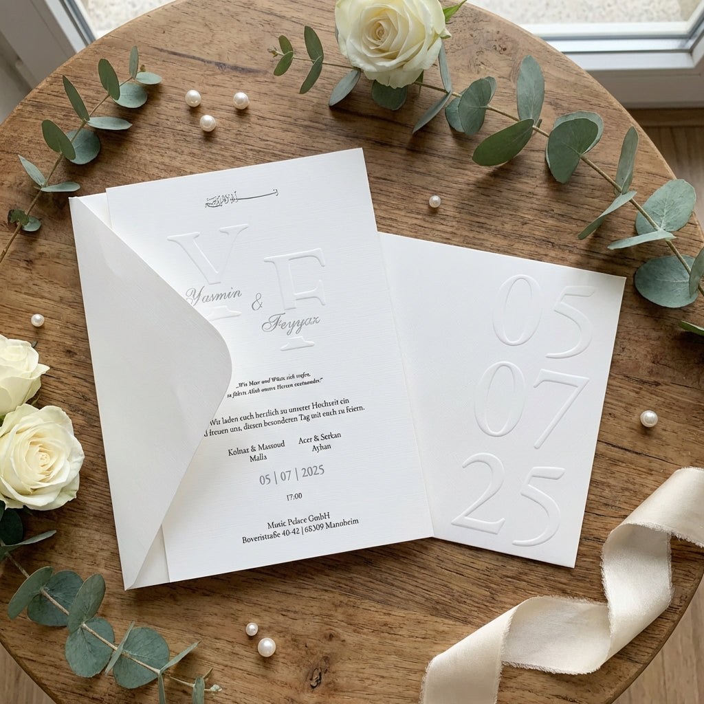 Hochzeitseinladung "Silber Royale" mit Blind- und Silberprägung