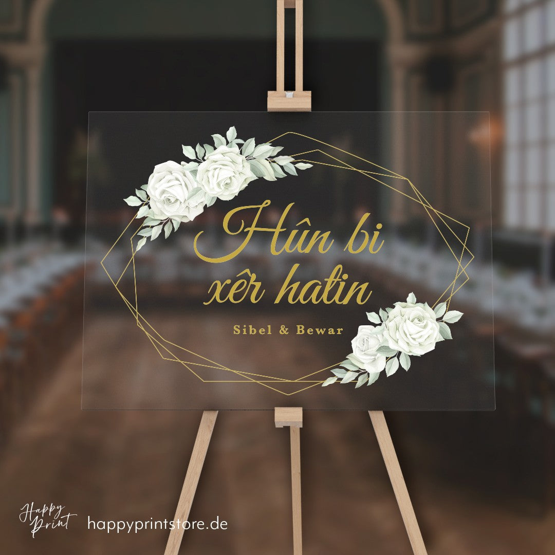 Empfangstafel A1 aus Acrylglas "HÃ»n bi xÃªr hatin" | Individuelles Willkommensschild