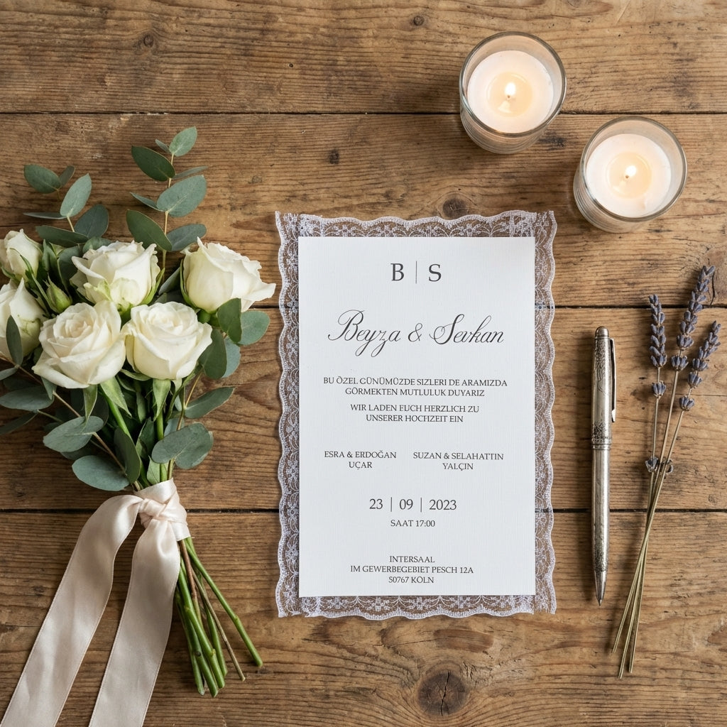 Hochzeitseinladung "Lace & Love" mit Prägung
