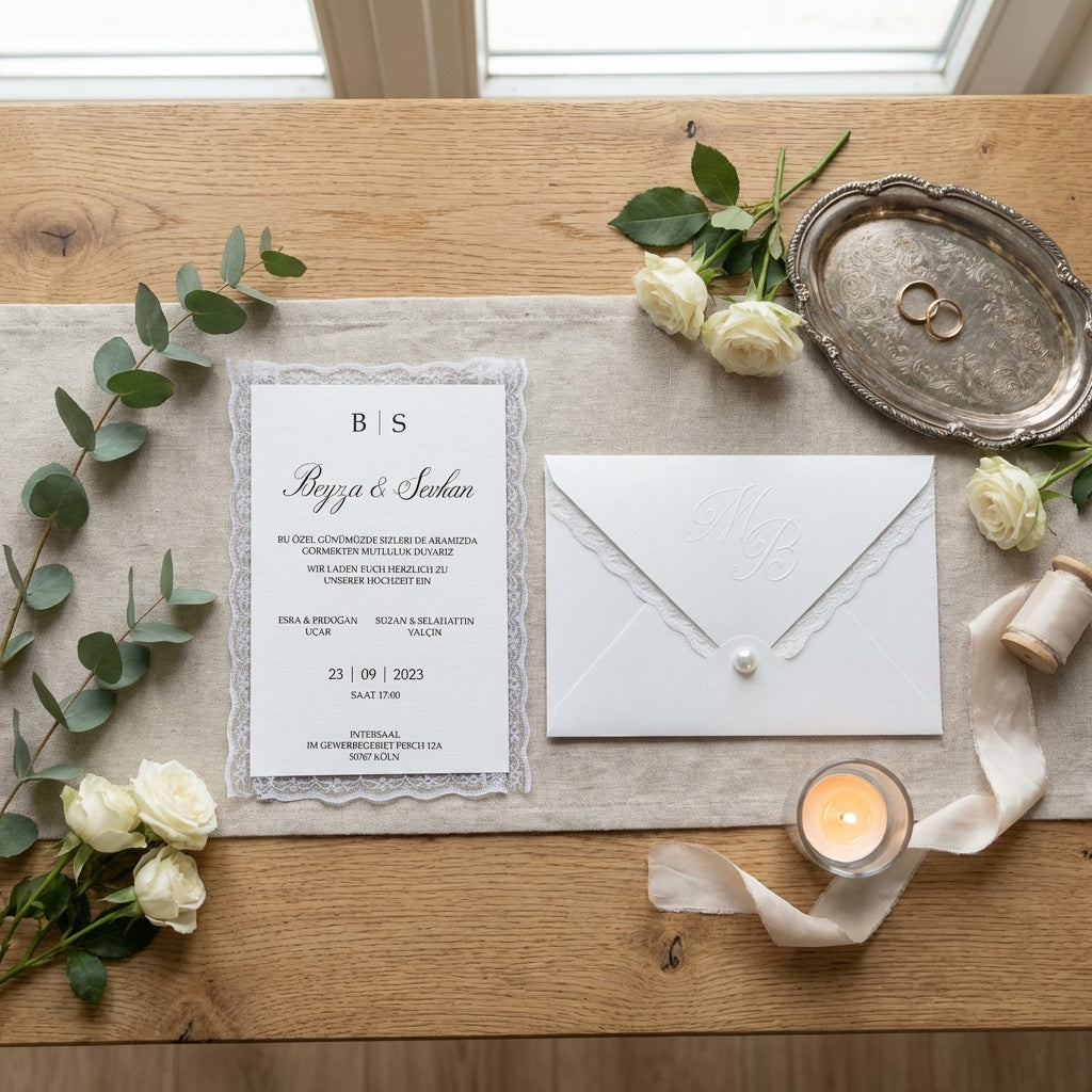 Hochzeitseinladung "Lace & Love" mit Prägung