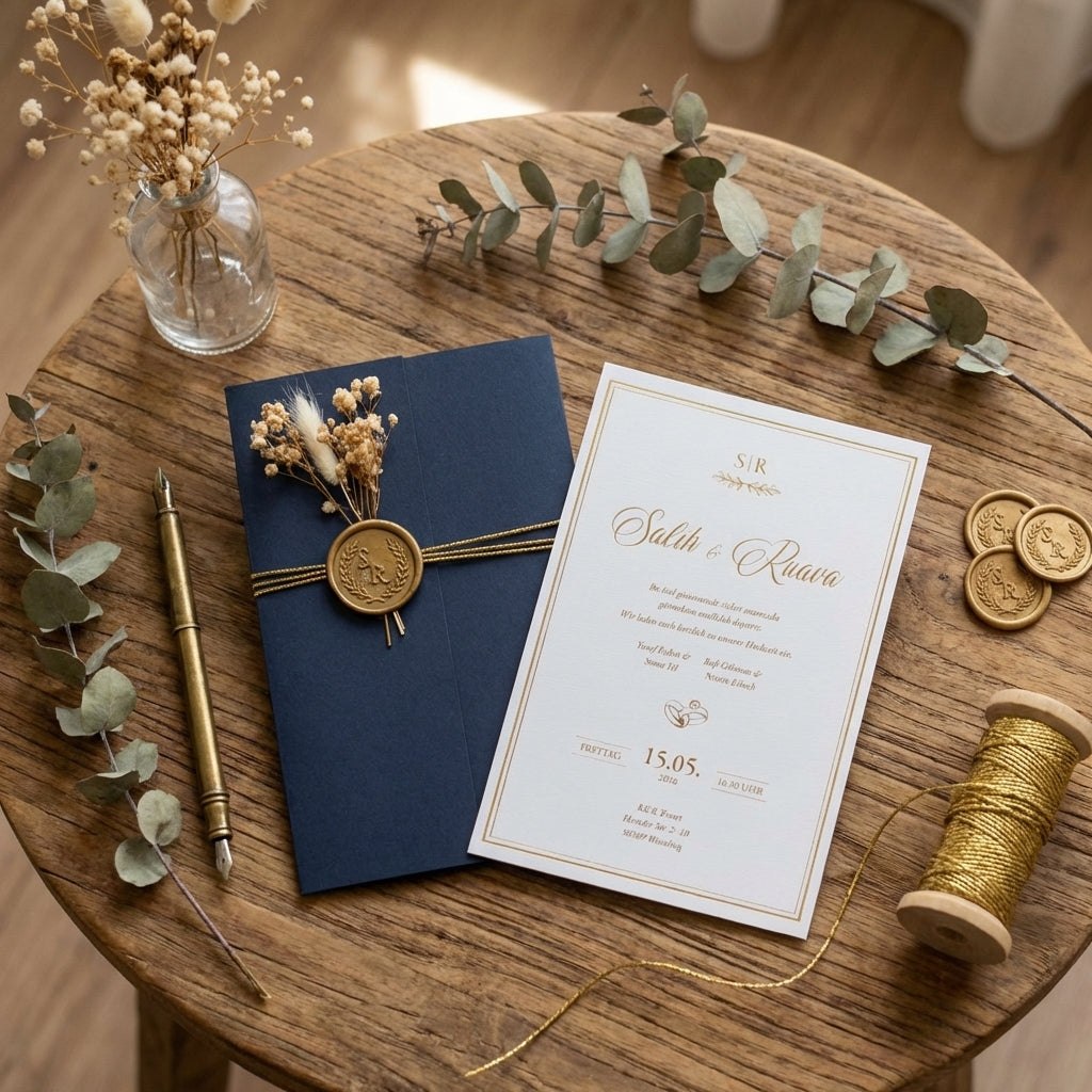Hochzeitseinladung "Golden Blue" mit Wachssiegel, Kordel & Trockenblume