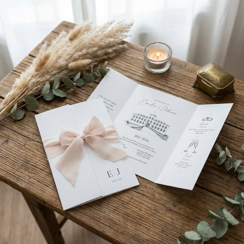 Einladung "Elegant Rose" | Altarfalzkarte mit Schleife