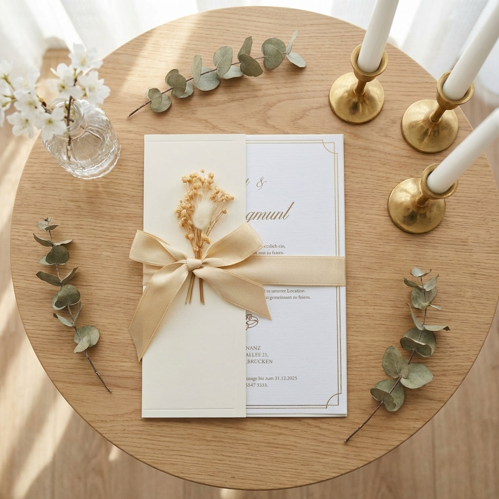 Express-Einladung "Creme Satin" | Goldprägung auf Leinenpapier mit Kuvert