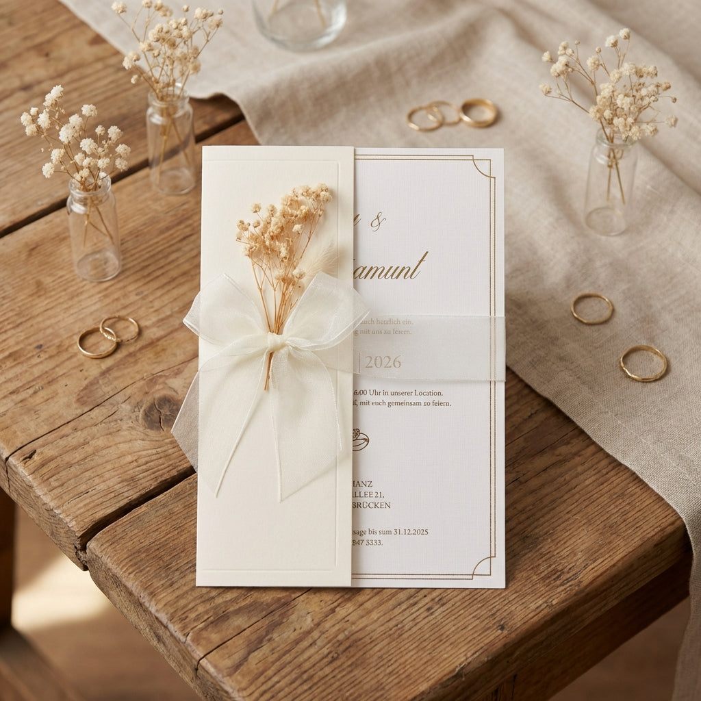 Express-Einladung "Beige Chiffon" | Goldprägung auf Leinenpapier mit Kuvert