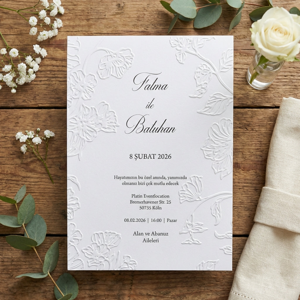 Hochwertige Einladungskarte | Edles Leinenpapier mit Blumen Blindprägung