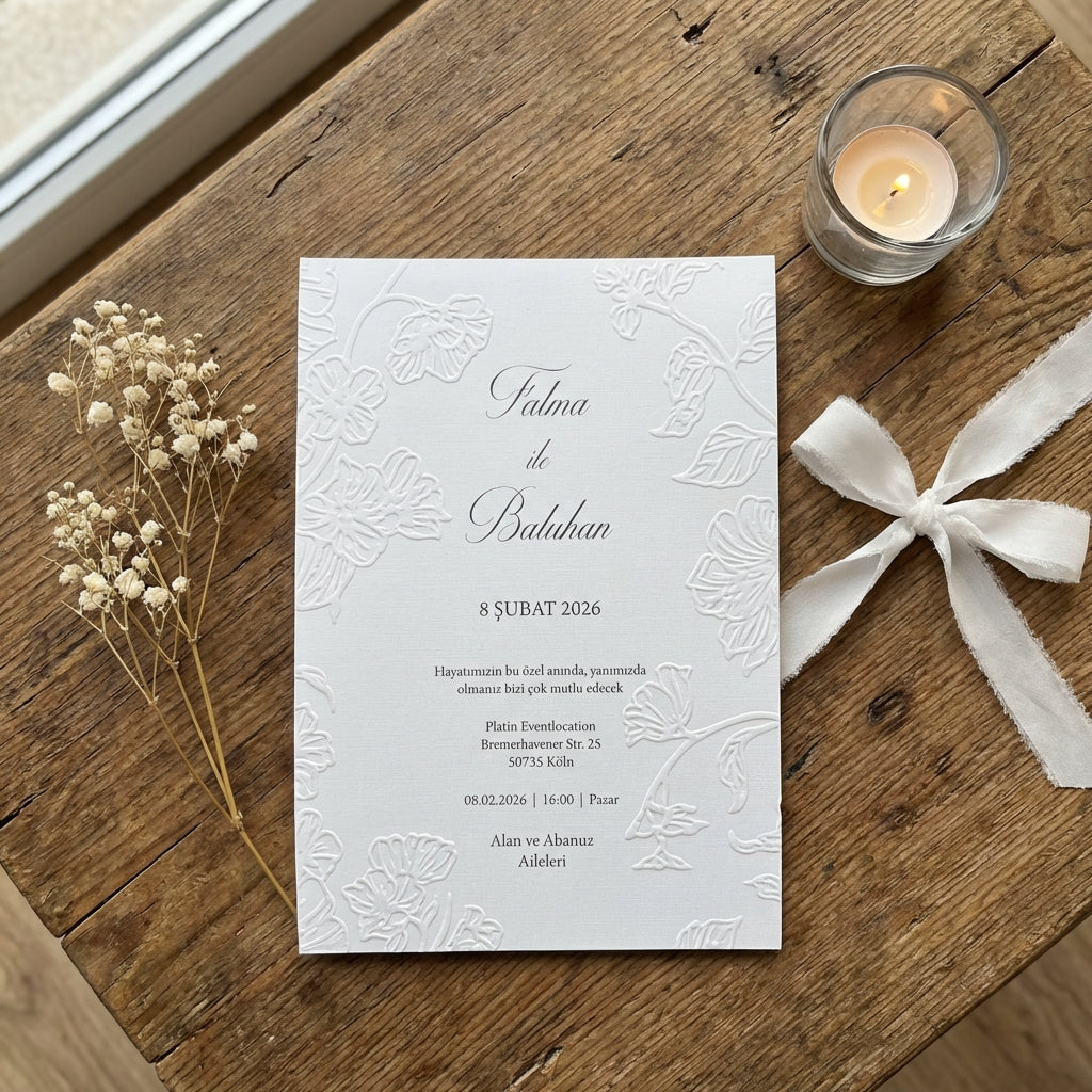 Hochwertige Einladungskarte | Edles Leinenpapier mit Blumen Blindprägung und Umschlag