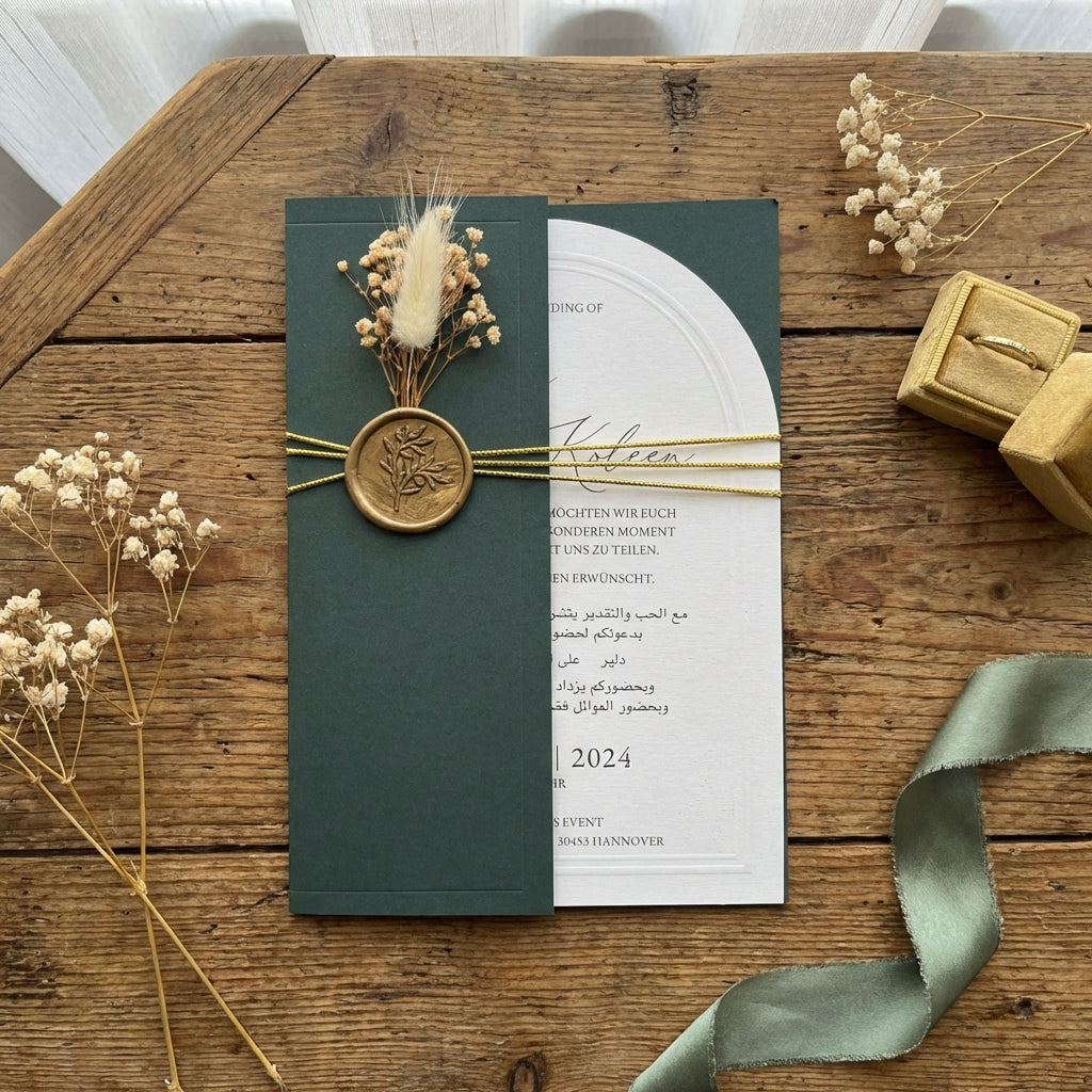 Express-Einladung "Oval Green" | Blindprägung auf Leinenpapier mit Kuvert