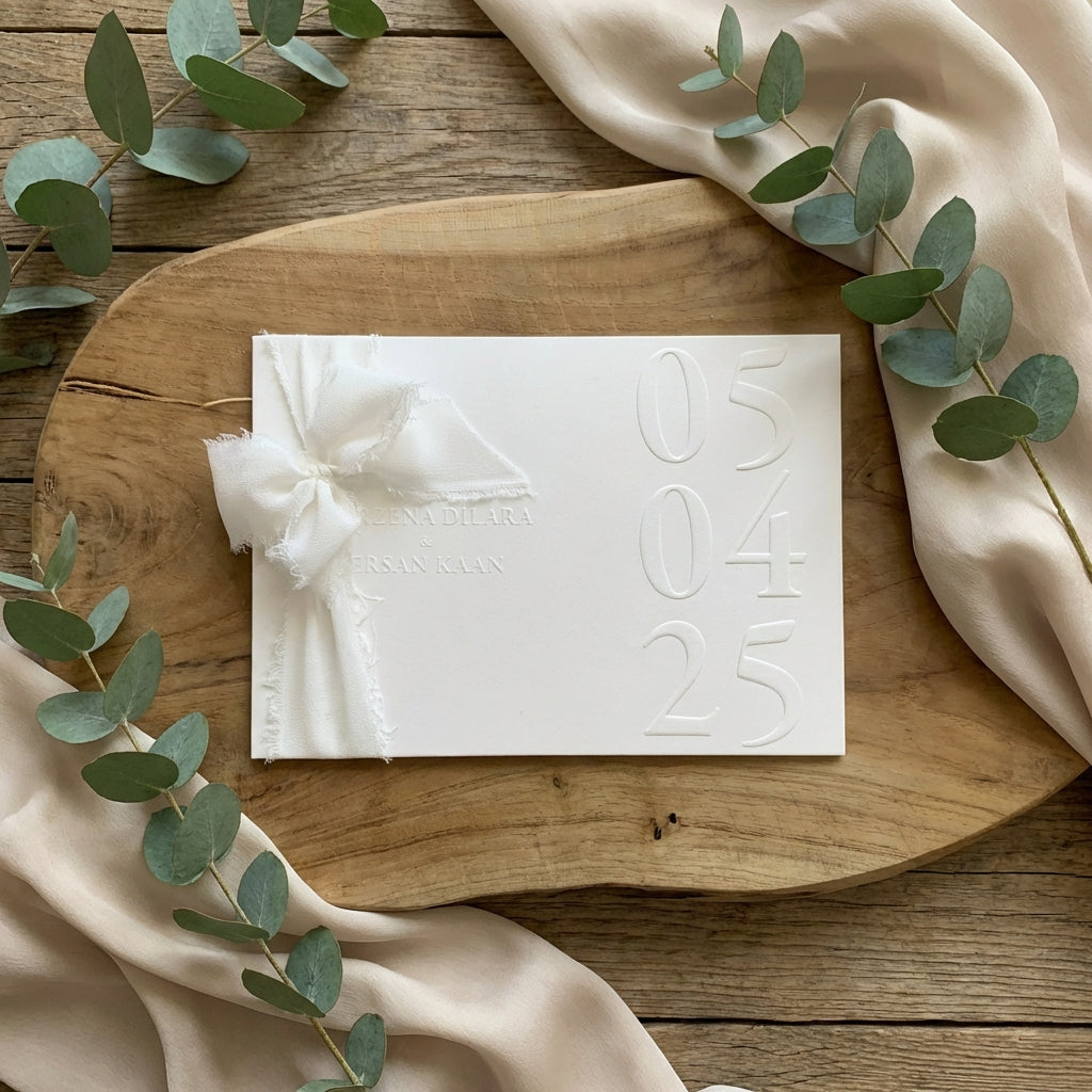 Hochzeitseinladung "Luxe Minimal" mit Prägung und Boho-Schleife