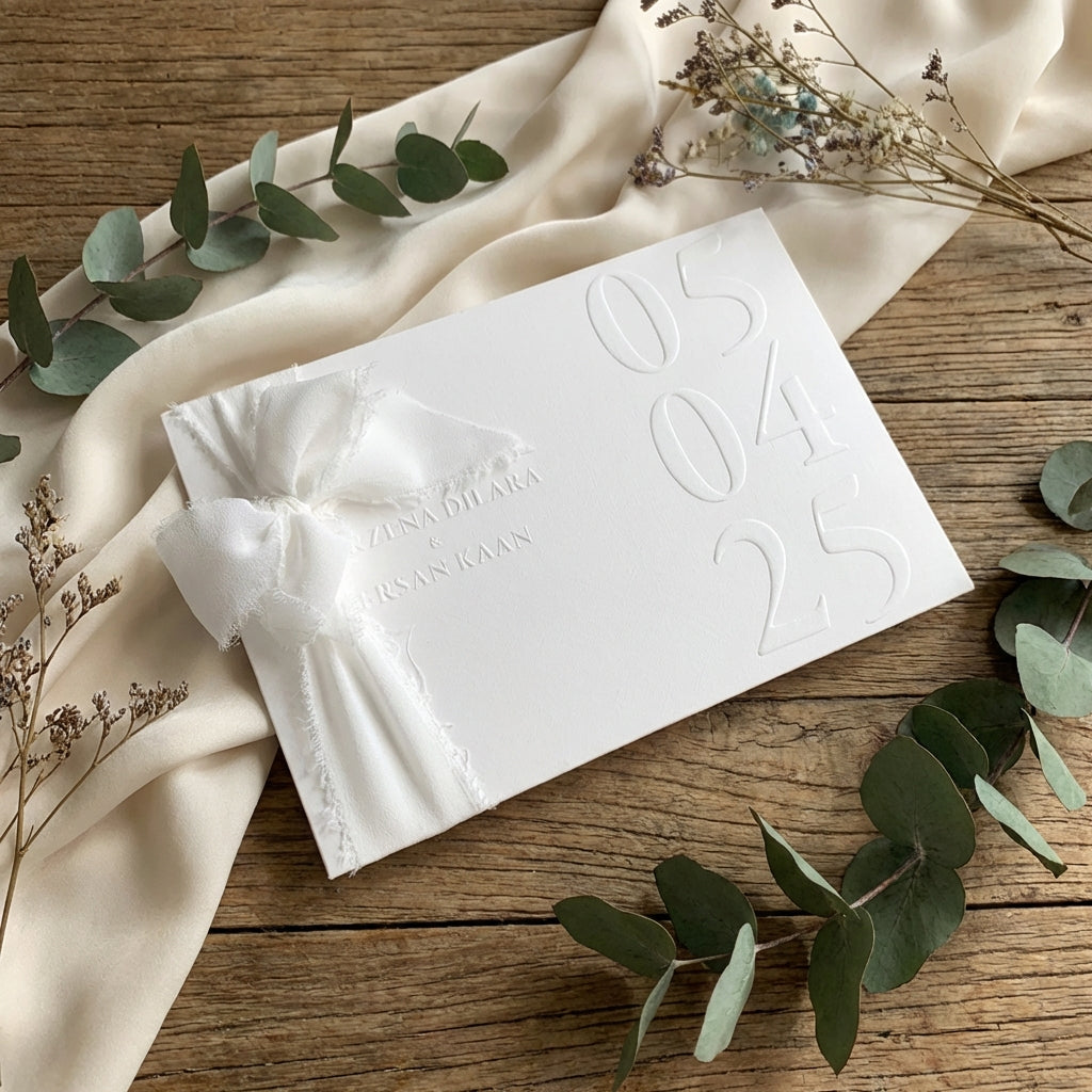 Hochzeitseinladung "Luxe Minimal" mit Prägung und Boho-Schleife