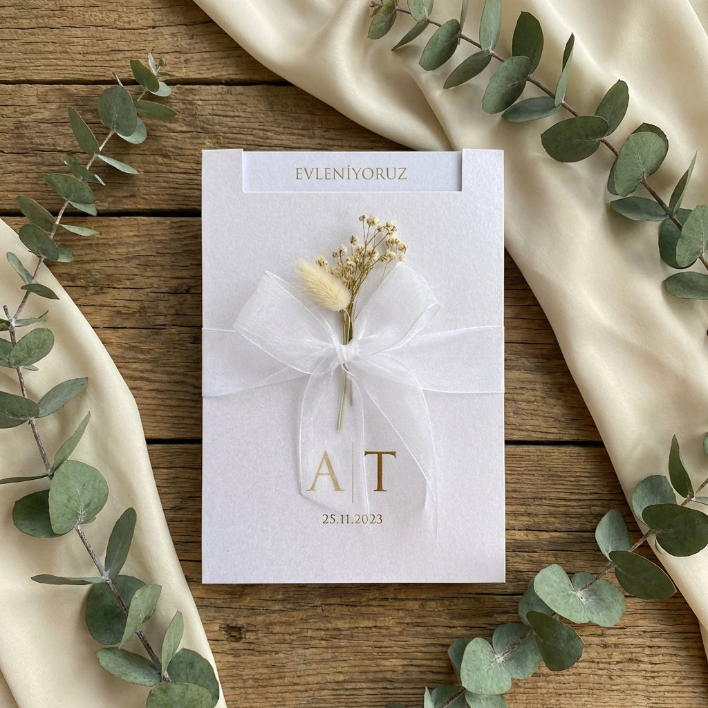 Hochzeitseinladung "Metallic Pearl Ivory" mit Prägung, Schleife & Trockenblume