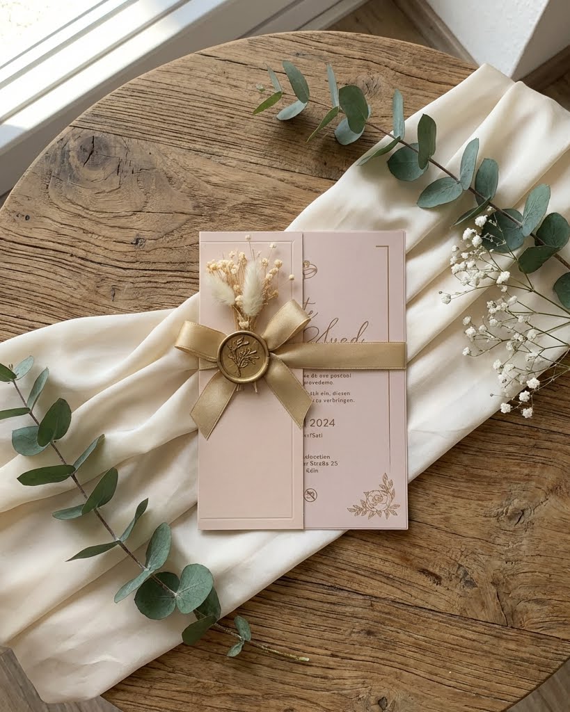 Hochzeitseinladung "Rosé Dreams" mit Wachssiegel und Trockenblume