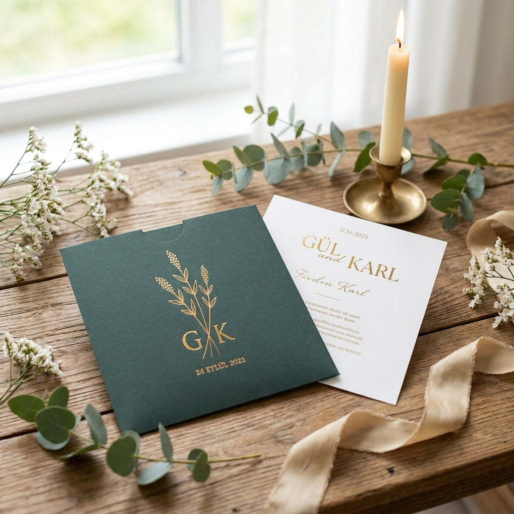 Hochzeitseinladung "Flower in Green" mit Prägung | Set mit Kuvert