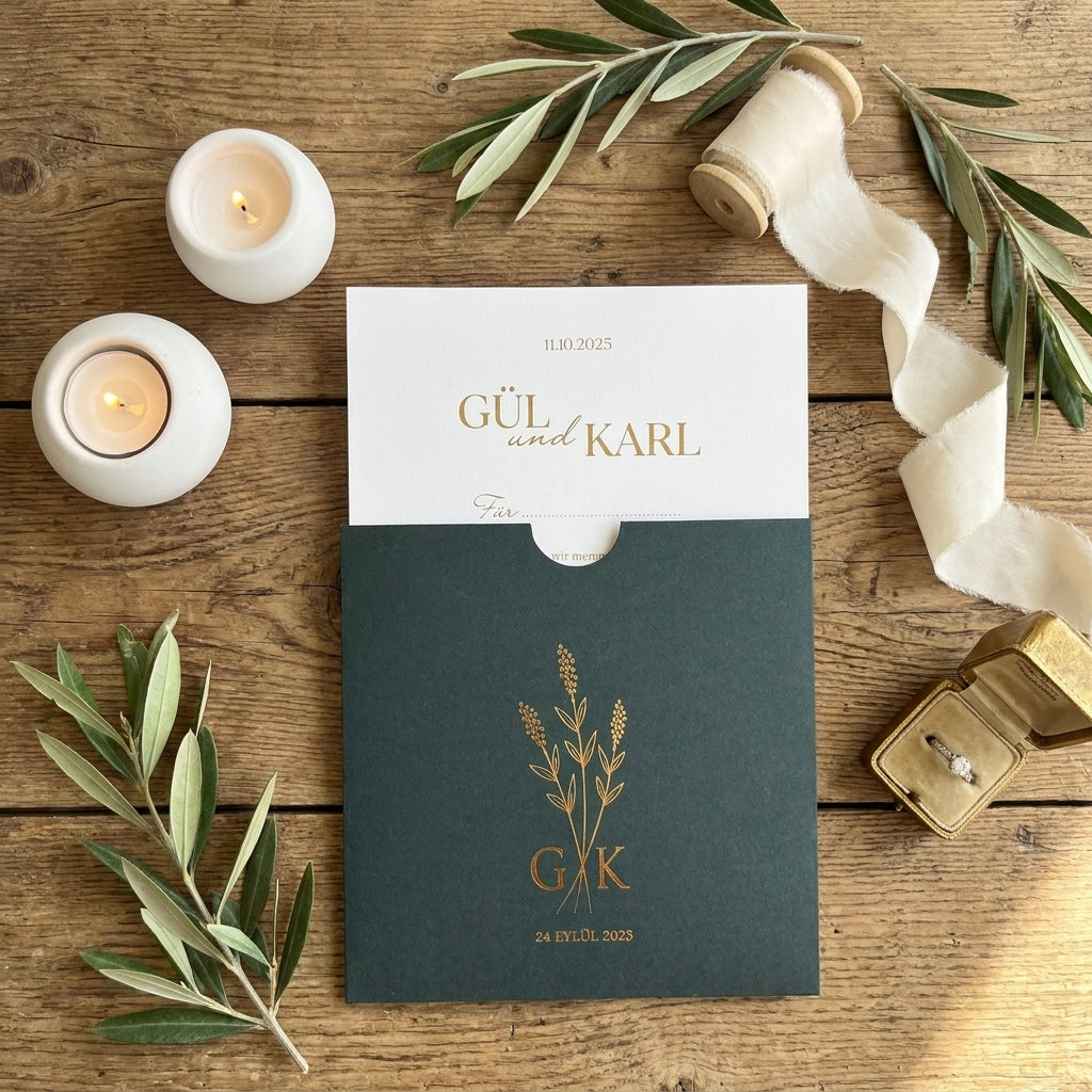 Hochzeitseinladung "Flower in Green" mit Prägung | Set mit Kuvert