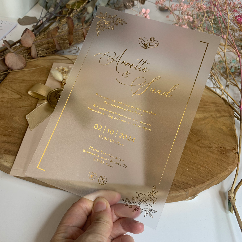 Hochzeitseinladung "Rosé Dreams" mit Wachssiegel und Trockenblume