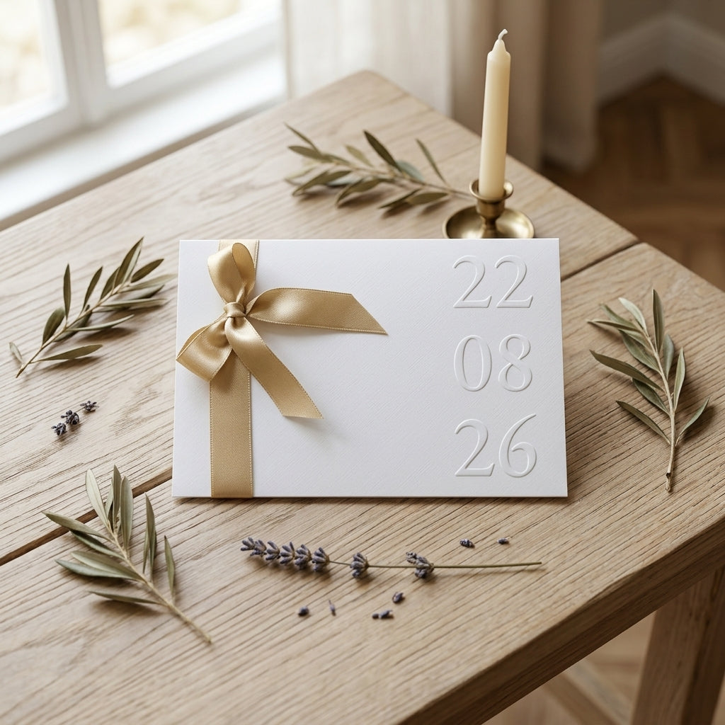 Hochzeitseinladung "Beige Edition" mit Prägung und Satinschleife