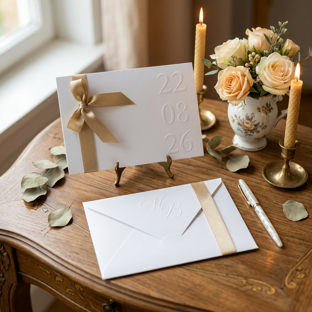 Hochzeitseinladung "Beige Edition" mit Prägung und Satinschleife