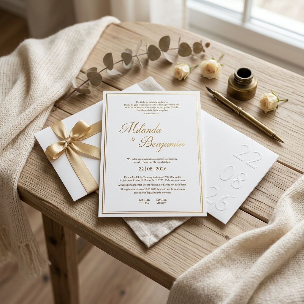 Hochzeitseinladung "Beige Edition" mit Prägung und Satinschleife