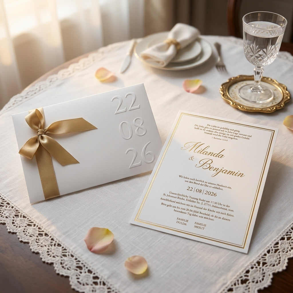 Hochzeitseinladung "Beige Edition" mit Prägung und Satinschleife