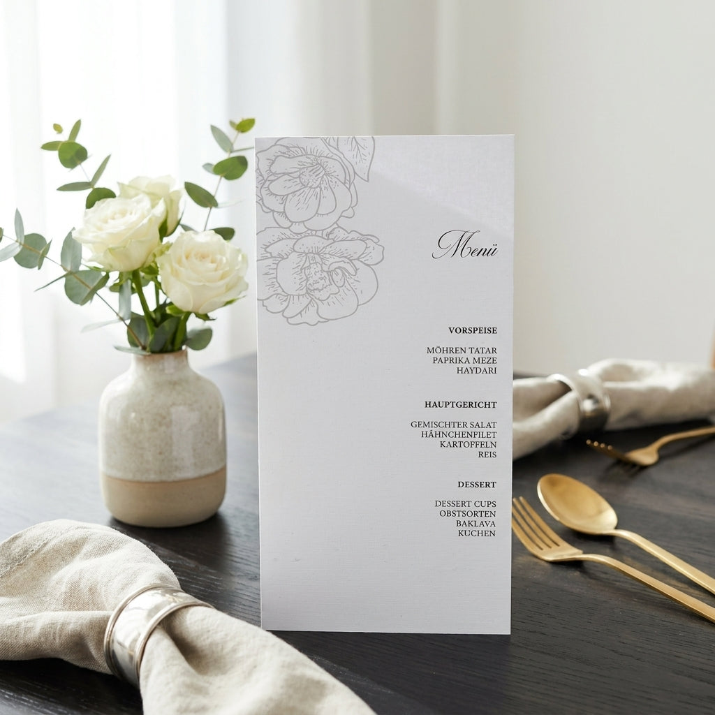 Florale Menükarte | Edles Leinenpapier im Dinlang Format