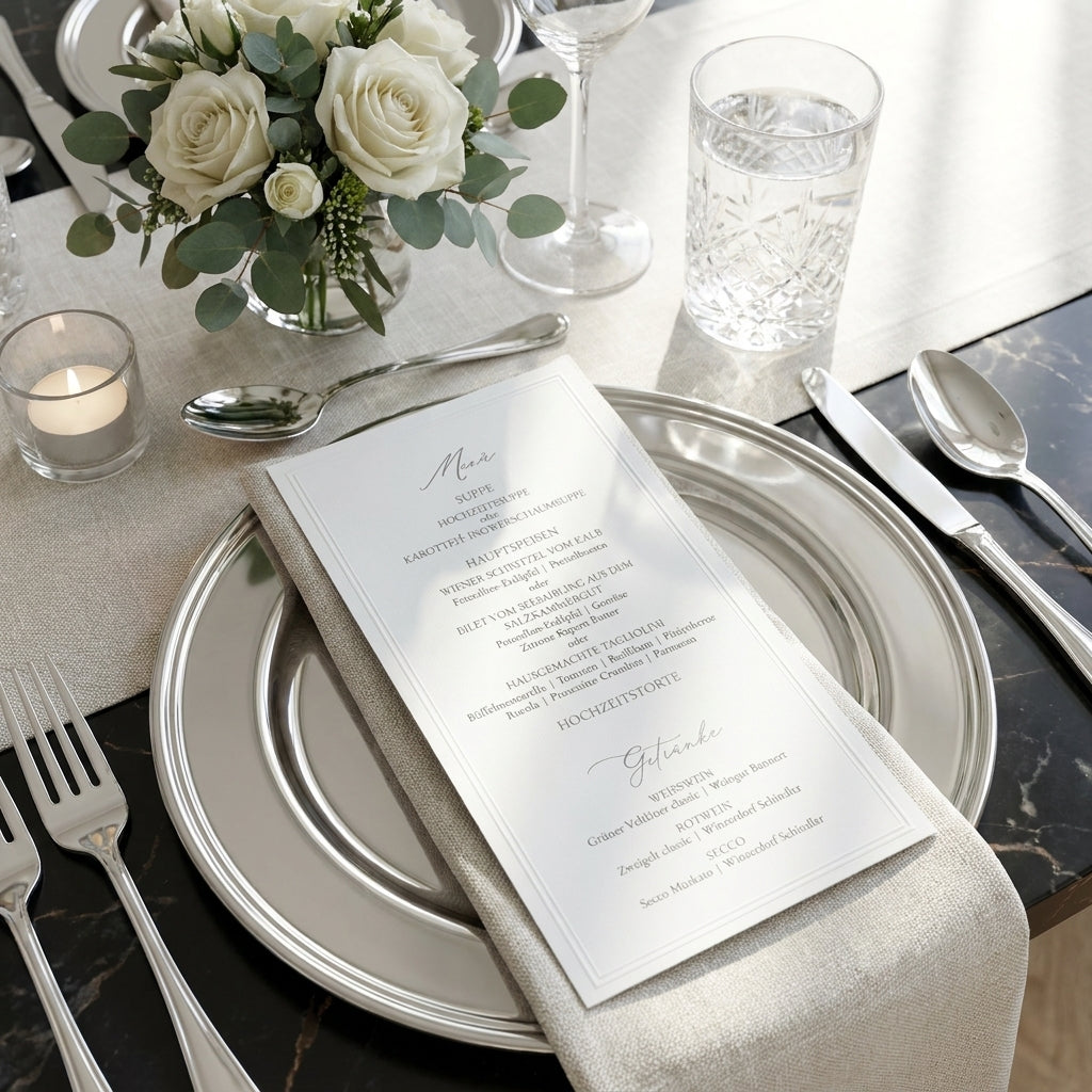 Elegante Menükarte mit Silberprägung | Edles Papier im Dinlang Format