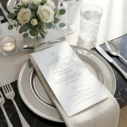 Elegante Menükarte mit Silberprägung | Edles Papier im Dinlang Format