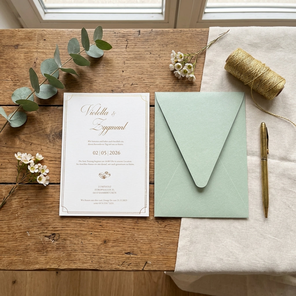 Hochwertige Einladungskarte | Edles Leinenpapier mit Goldprägung und Umschlag