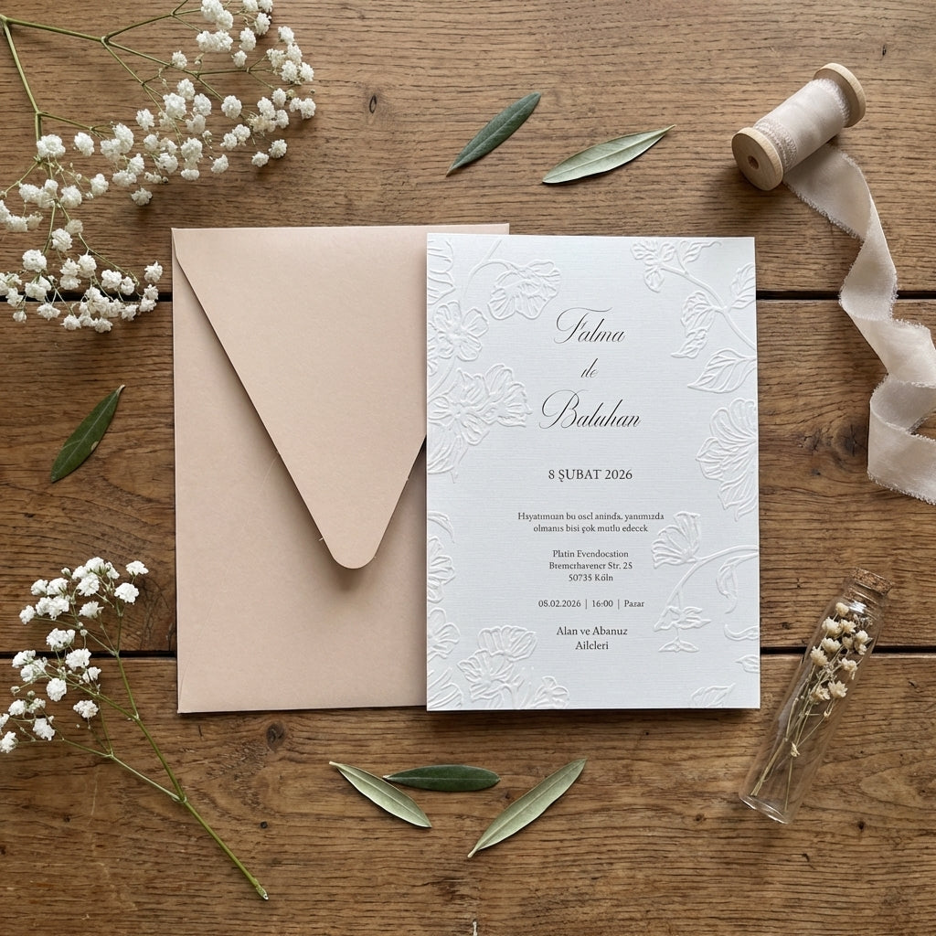 Hochwertige Einladungskarte | Edles Leinenpapier mit Blumen Blindprägung und Umschlag